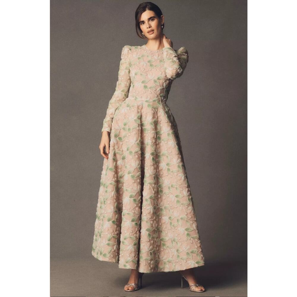 NEW NWT Anthropologie Helsi Tessa Long-Sleeve Appliqué A-Line Maxi Dress Size L